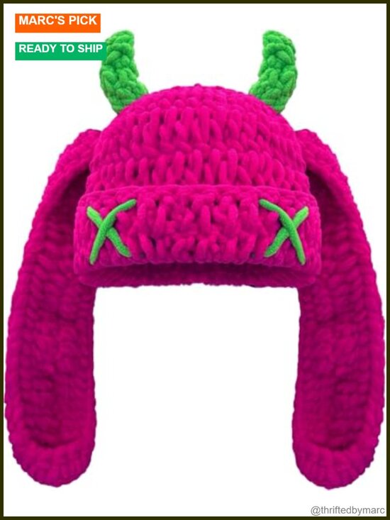 Chunky Beanie with Devil Horns Hand-Crochet Chenille Hat Floppy Ears Slouchy main image 5